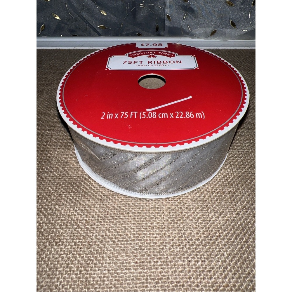 Holiday Time 75FT Silver Glitter Wired Ribbon 2in Wide RB02